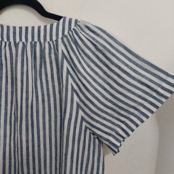 J Crew Flutter-Sleeve Linen Top Womens Sz S Navy Blue White Stripe V-Neck Beach - Picture 11 of 13